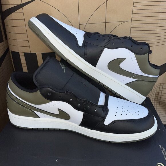 NEW Nike Air Jordan 1 Low Black Toe Medium Olive Green 553558-092 - Picture 2 of 6